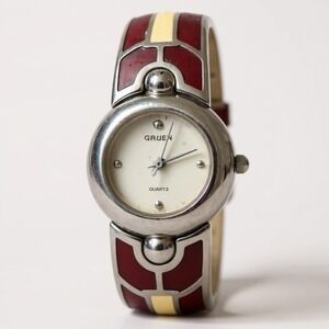 Gruen Quartz Bangle‎ Watch Red and Silver Tone Stylish Womens Jewelry